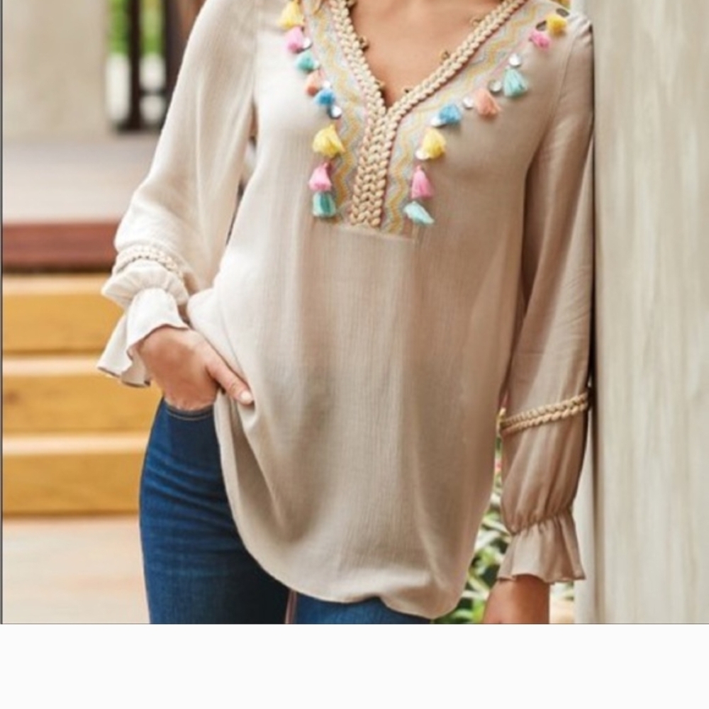 Soft Surroundings Beige Tassel V-Neck Beautiful and Unique Tunic Light Weight